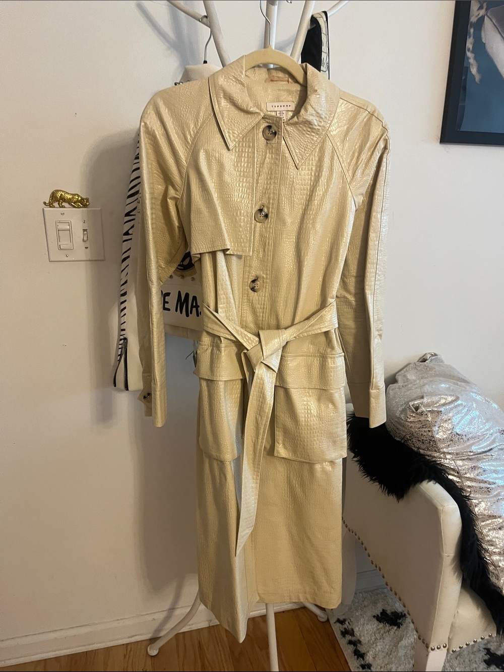 Topshop Cream Faux-Leather Textured Trench Coat with Belt